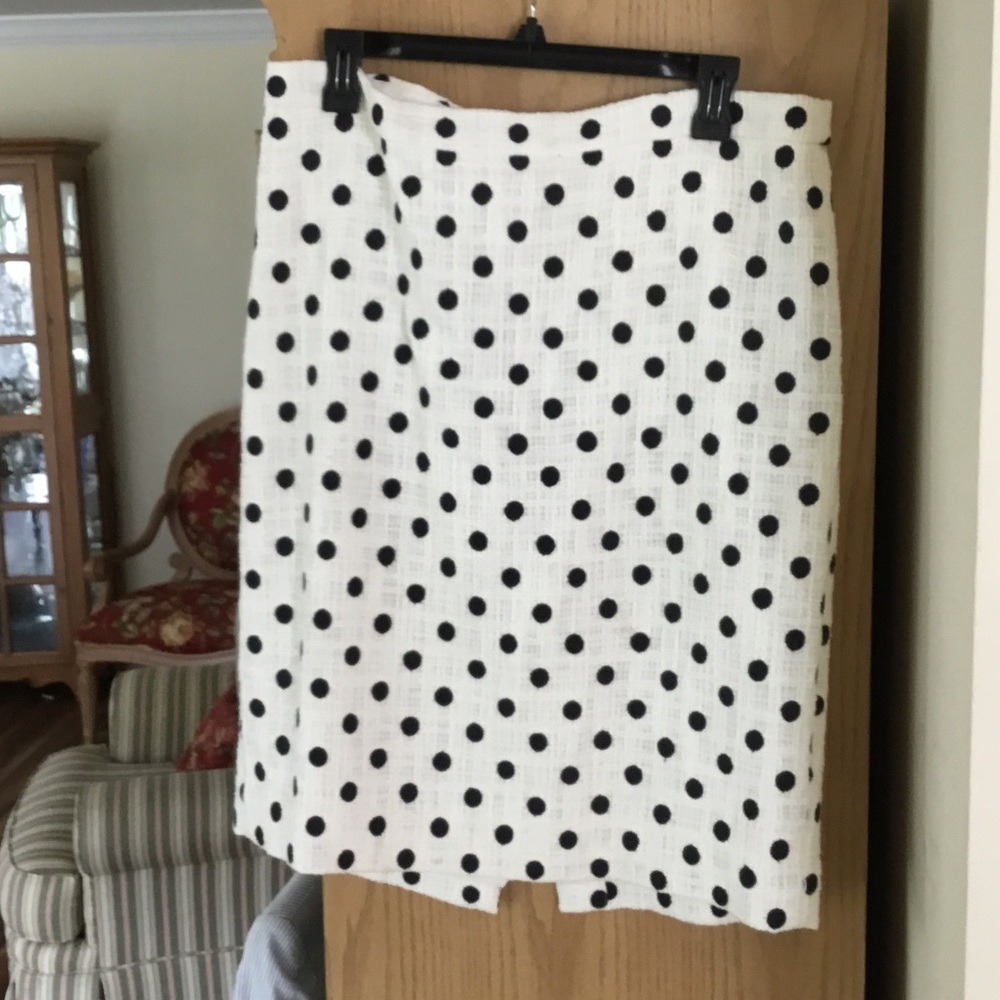J. Crew White textured pencil skirt with navy polka dots
